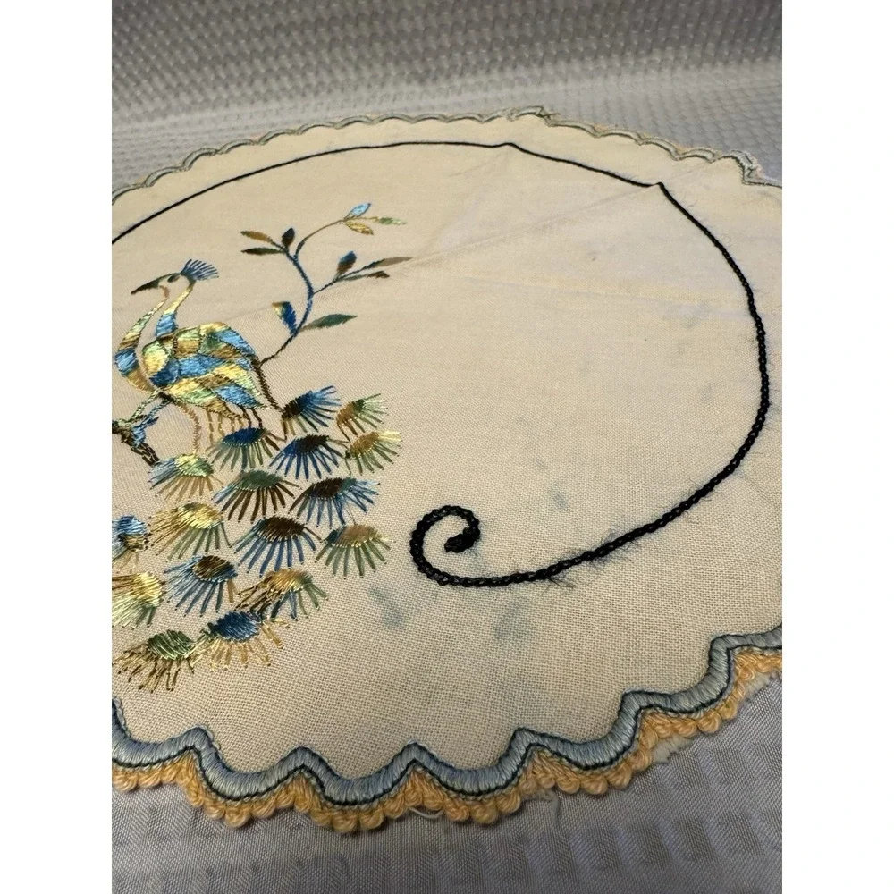 Vintage 12 in Linen Doily Blue Green Embroidered Peacock Handmade 1930-1950